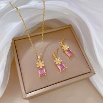 Fashion 66# Copper Diamond Square Necklace And Earrings Set