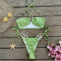 Fashion Green Polyester Halterneck Lace-up Cutout Split Swimsuit