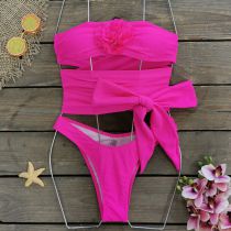 Fashion Rose Red Solid Color Strapless Swimsuit