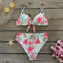 Fashion Yellow-green Background Pink Flowers Polyester Printed High Waist Tankini Swimsuit