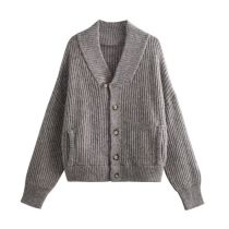 Fashion Grey Polyester Knitted V-neck Buttoned Sweater