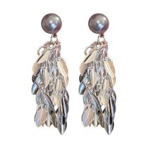 Fashion Silver Pearl Leaf Tassel Earrings