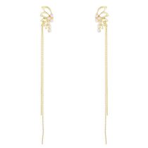 Fashion Gold Alloy Pearl Butterfly Tassel Ear Clip Earrings