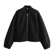Fashion Black Polyester Zipper Stand Collar Jacket