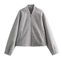 Fashion Grey Polyester Zipper Stand Collar Jacket