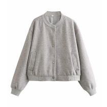 Fashion Grey Polyester Buttoned Stand Collar Jacket