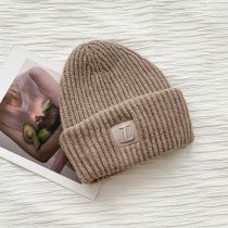 Fashion Coffee Color Polyester Letter Patch Knitted Beanie