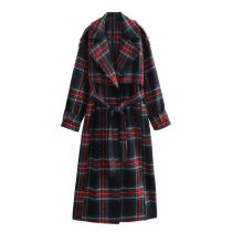 Fashion Color Matching Polyester Plaid Lapel Lace-up Coat