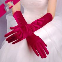 Fashion Claret Satin Stretch Five Finger Long Gloves