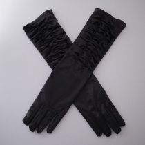 Fashion Black Pleated Model Satin Stretch Five Finger Long Gloves