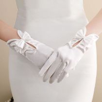 Fashion White Satin Beaded Bow Five-finger Gloves