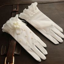 Fashion White Mesh Lace Beaded Five-finger Gloves