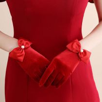 Fashion Red Velvet Bow Five-finger Gloves