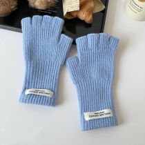 Fashion Blue Wool Knit Patch Half Finger Gloves