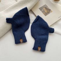 Fashion Dark Blue Wool Knit Patch Half Finger Gloves