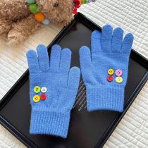 Fashion Blue Colorful Button Wool Knitted Five-finger Gloves