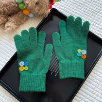 Fashion Dark Green Colorful Button Wool Knitted Five-finger Gloves