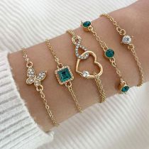 Fashion Gold Alloy Diamond Butterfly Heart Square Bracelet Set