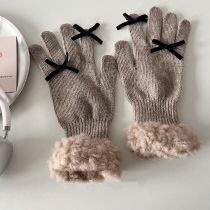 Fashion Mocha Color—gloves Acrylic Knitted Bow Five-finger Gloves