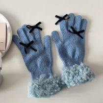 Fashion Blue—gloves Acrylic Knitted Bow Five-finger Gloves
