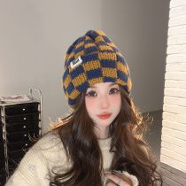 Fashion Yellow Tibetan Blue Checkerboard Knitted Beanie