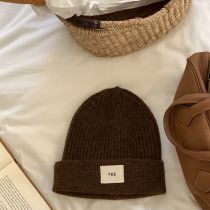 Fashion Coffee Brown Wool Knitted Patch Beanie