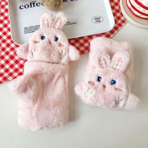 Fashion Pink Plush Rabbit Half Finger Flip Gloves