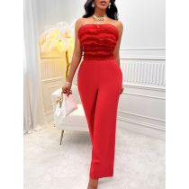 Fashion Red Polyester Boat Neck Lace Bandeau Jumpsuit