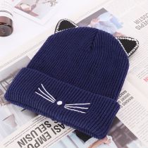 Fashion Navy Blue Acrylic Knitted Embroidered Beanie