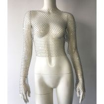 Fashion Grey Rhinestone Fishnet Long Sleeve Top