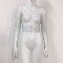 Fashion Silver Rhinestone Fishnet Long Sleeve Top
