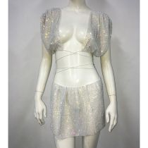 Fashion White Polyester Rhinestone Fishnet Strappy Top And Skirt Suit