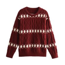 Fashion Date Red Cotton Jacquard Crew Neck Long-sleeve Sweater