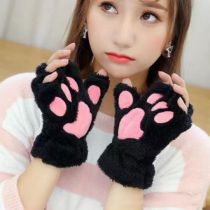 Fashion Black Cotton Plush Cat Claw Half Finger Gloves