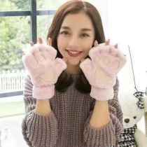 Fashion Pink Cotton Plush Cat Claw Half Finger Gloves