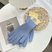 Fashion Blue Cotton Color-block Knit Five-finger Gloves
