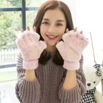 Fashion Pink Cotton Cartoon Cat Paw Half Finger Gloves