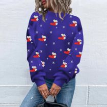 Fashion Blue Christmas Print Crew Neck Pullover Sweater