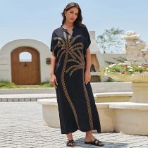 Fashion Black Embroidered Coconut Tree Cotton Printed V-neck Long Skirt