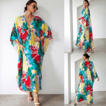 Fashion Yellow-green-red Smudge Cotton V-neck Printed Long Skirt