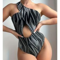 Fashion Black Polyester Printed One-shoulder Cutout Swimsuit