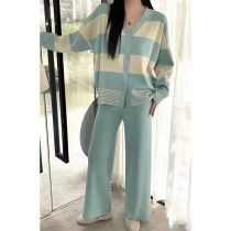 Fashion Light Blue Spandex Striped Buttoned Knitted Cardigan Straight-leg Trouser Suit