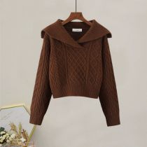 Fashion Brown Spandex Knitted Lapel Pullover Sweater