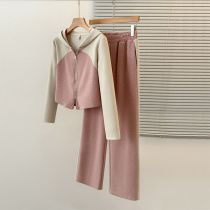 Fashion Pink Contrast Color Patchwork Hooded Jacket Straight-leg Floor-length Mopping Pants Two-piece Set
