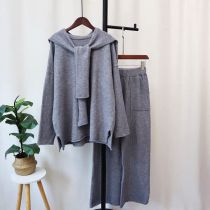 Fashion Grey Spandex Knitted Shawl Pullover Sweater Wide-leg Pants Three-piece Set
