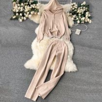 Fashion Apricot Spandex Long Sleeve Hooded Sweater Wide Leg Pants Suit