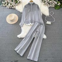 Fashion Grey Spandex Fake Two Piece Long Sleeve Stand Collar Knitted Sweater Wide Leg Pants Suit