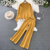 Fashion Yellow Spandex Fake Two Piece Long Sleeve Stand Collar Knitted Sweater Wide Leg Pants Suit