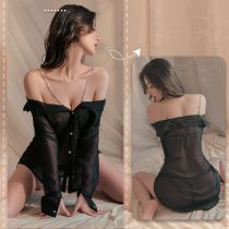 Fashion Black Chiffon Off-shoulder Shirt Style See-through Suspender Nightgown