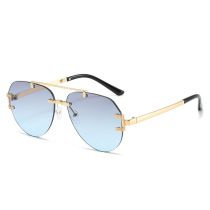 Fashion Gold Framed Gray And Blue Piece Metal Double Bridge Large Frame Sunglasses